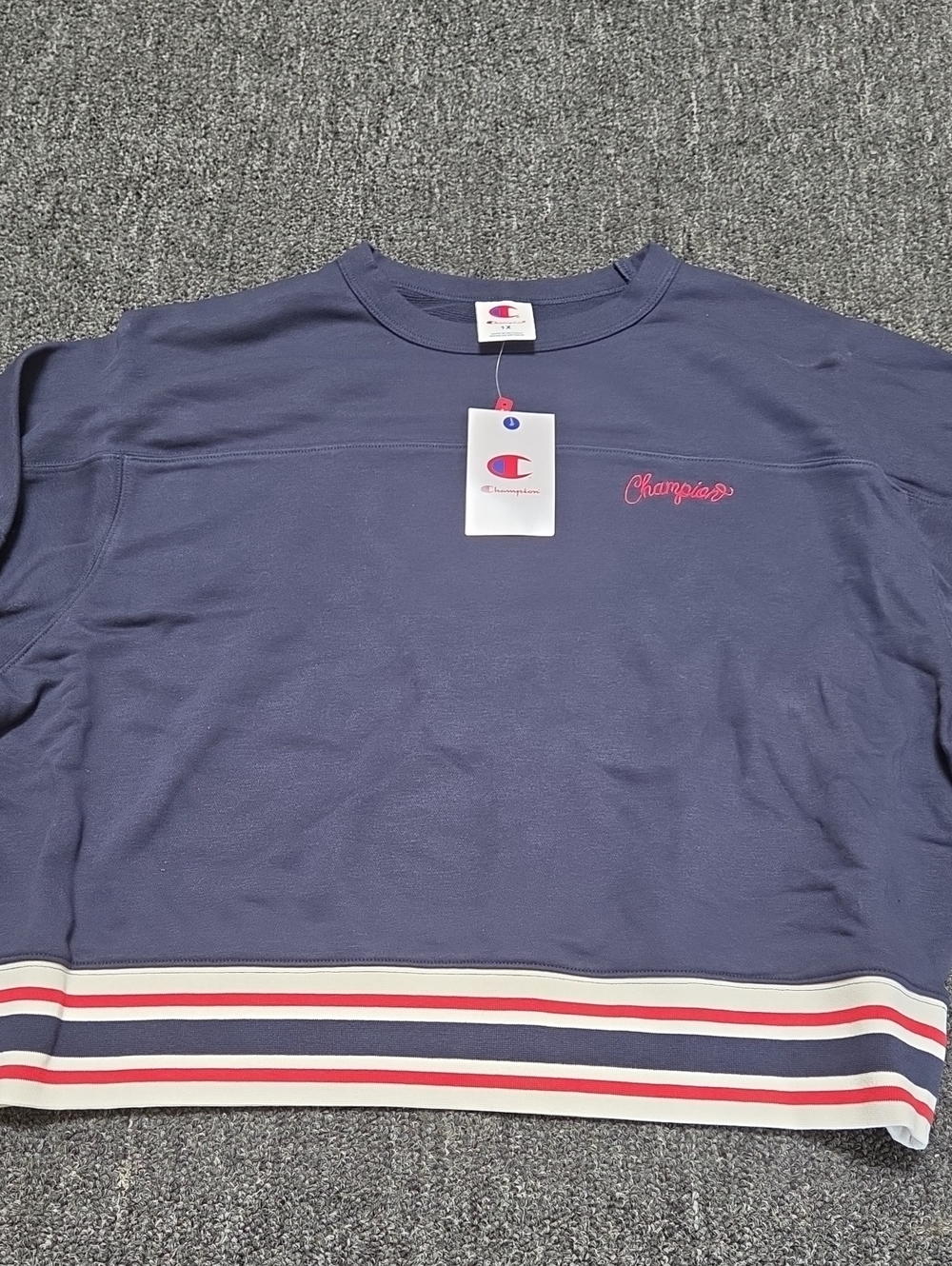 (#2C) Champion Navy Pullover with Pink Script and Striped Hem